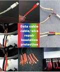 Cable repairs using All-In-One Heat Shrink Kit With 328 Pcs 2 To 1 Wiring Tubing, in various colors, showing insulation protection.