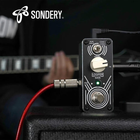 Triple Loop Pedal With Three 30 Minute Tracks, USB Transfer, showing footswitch, toggle switch, and level knob on amplifier.