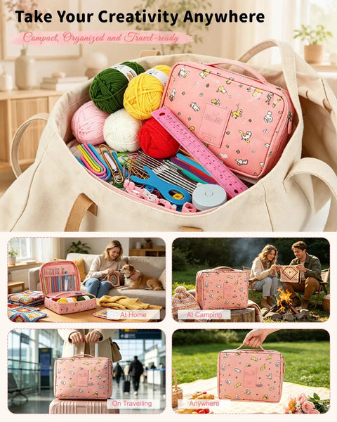 No-Brainer Crochet Starter Kit with ergonomic hooks, yarn bundle, storage bag, and guides for beginners on table and in use.