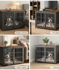 Super Smooth Setup Heavy Duty Dog Crate Furniture 42 Inch Decorative Kennel End Table Nightstand Rustic Brown indoor pet house view with dog.