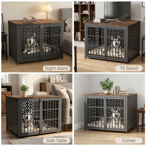 Super Smooth Setup Heavy Duty Dog Crate Furniture 42 Inch Decorative Kennel End Table Nightstand Rustic Brown indoor pet house view with dog.