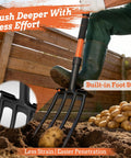 Person using 4-Tine Pitch Fork With Foot Step, Ergonomic Y-Handle Garden Digging Fork For Soil Loosening, Compost, 43 Inch Tool