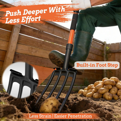 Person using 4-Tine Pitch Fork With Foot Step, Ergonomic Y-Handle Garden Digging Fork For Soil Loosening, Compost, 43 Inch Tool