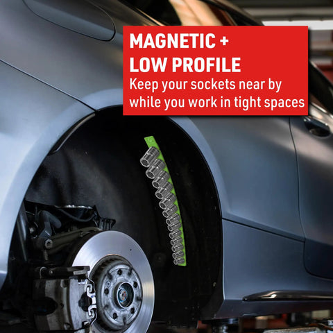 Three Eighths Inch Flexible Magnetic Socket Holder Rail Green That Attaches To Toolbox Or Ferrous Surfaces Keeps Sockets Secure