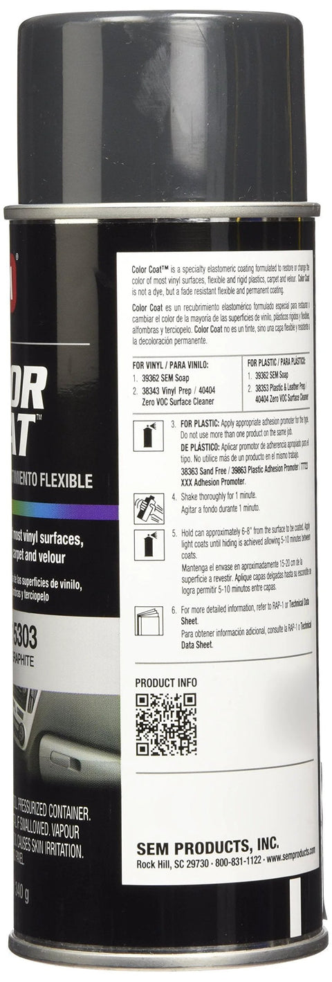 Side view of SEM Graphite Color Coat spray paint can, 12 oz, black metal container with back label.