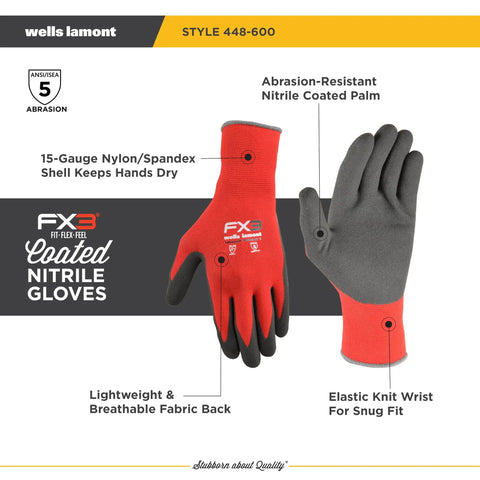 FX3 Nitrile Coated Grip Work Gloves For Tough Jobs, Tear And Abrasion Resistant, Red Size Large, front and back view