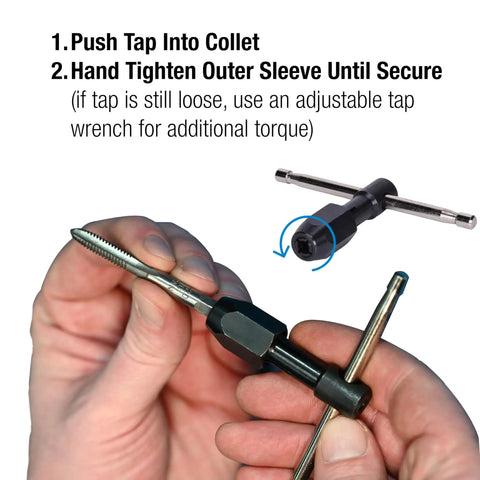 T Handle Tap Wrench 1/4 Inch For Easy Tap Install And Precise Threading No Frills Pro Grade Tool in use, hand tighten outer sleeve