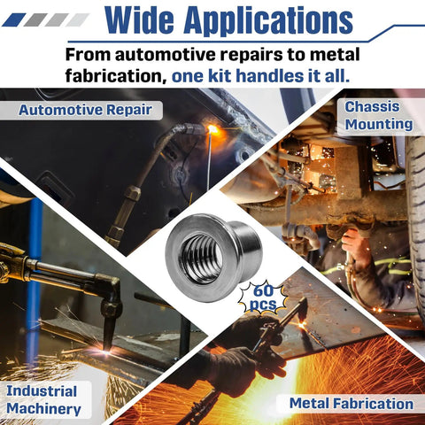 Automotive frame repair using 60 Piece T Shaped Weld On Nut Assortment With Four Popular Sizes Shop Grade Automotive Hardware For Chassis Fabrication And Frame Rebuilds Built Solid For Daily Grinds.