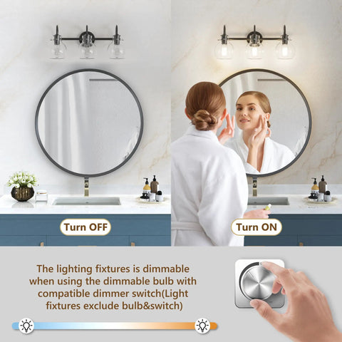 Black Vanity Light 3 Light Modern Bathroom Fixtures Over Mirror With Globe Glass Shade Matte Black Finish E26 Base 17 Inch UL Listed Durable And Super Slick For A Fresh Spa Like Bath shown turned on and off over a round mirror above sink with dimmer switch