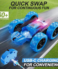 Remote Control Car For Kids Ages Six To Twelve 4WD Stunt RC Car with LED lights showing USB-C charging and modular battery