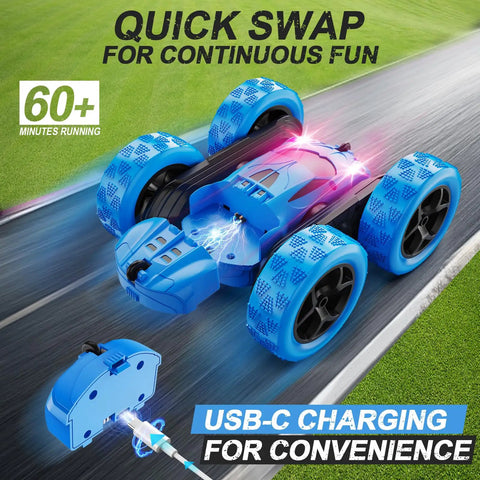 Remote Control Car For Kids Ages Six To Twelve 4WD Stunt RC Car with LED lights showing USB-C charging and modular battery