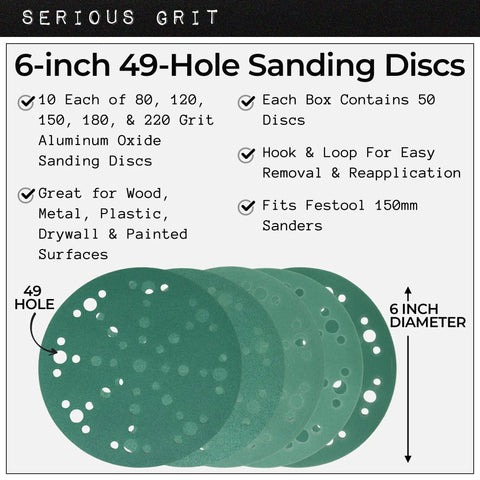 Pro Grade 6 Inch 49 Hole Sanding Discs Assortment With 80 120 150 180 220 Grit, 10 Of Each, Heavy Duty Hook And Loop Film Discs For Random Orbital Sanders, 50 Pack Box, Fits Festool 150 Series ETS And Rotex Sanders