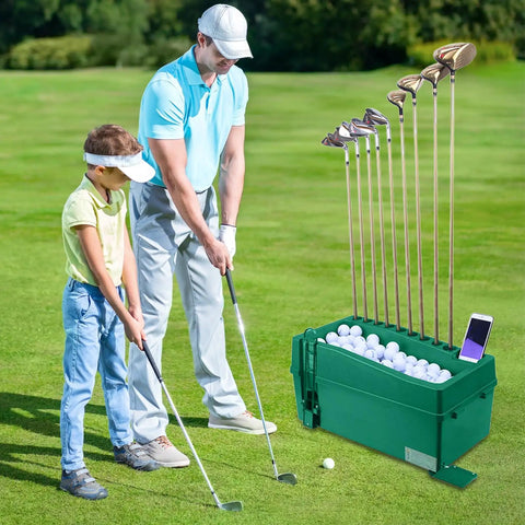 Man and boy using Automatic Golf Ball Dispenser For Practice With Smooth Release And Easy Refill System on driving range