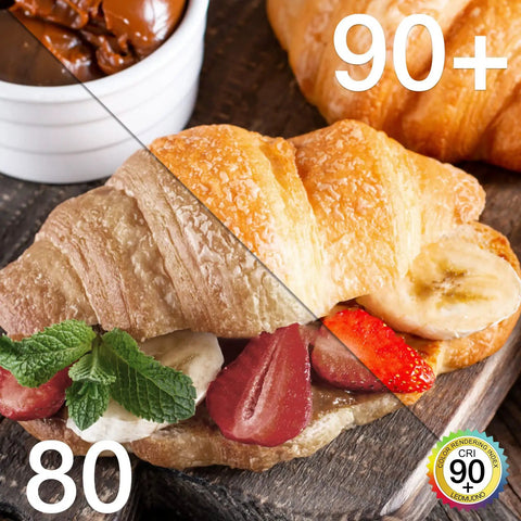 Comparison of croissant with fruit, showing color difference between 80 CRI and 90+ CRI lighting, highlighting detail.