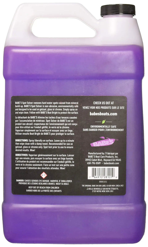 Spot Solver Hard Water Remover For Boats, Safely Cleans Gelcoat, Glass And Chrome Without Scratches, Non Abrasive Marine Grade Cleaning Solution In A Gallon For Crystal Clear Hulls And Decks, purple gallon jug label