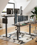Solid Electric Adjustable Standing Desk With 40x24 Inch Tabletop, workspace with multiple monitors and a folding corner table.