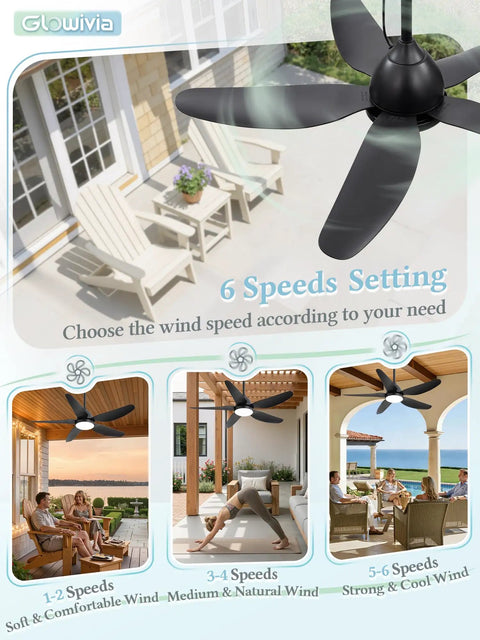 46 Inch Outdoor Ceiling Fan With Lights For Patio Gazebo IP65 Waterproof Remote Control 6 Speeds DC Motor Black