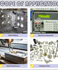 Photo showing applications of an auto alignment body shim kit, including mold making, electronic instruments, mold maintenance, and hardware parts.