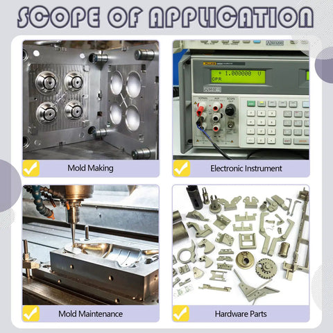 Photo showing applications of an auto alignment body shim kit, including mold making, electronic instruments, mold maintenance, and hardware parts.