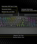 Elite Mechanical Gaming Keyboard With Cherry MX Red Switches showing detachable USB cable, dedicated media keys & RGB lighting.