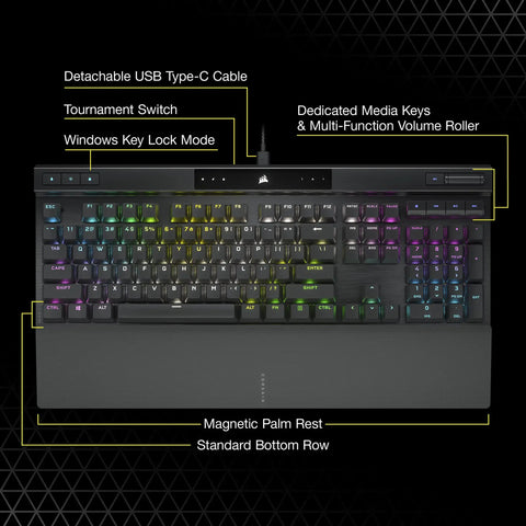 Elite Mechanical Gaming Keyboard With Cherry MX Red Switches showing detachable USB cable, dedicated media keys & RGB lighting.