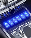 Car dashboard with illuminated 6 Pack DIY Rocker Switch Kit With Laser Etched ON OFF Patterns SPST DPDT 5 Pin 7 Pin 12V 24V
