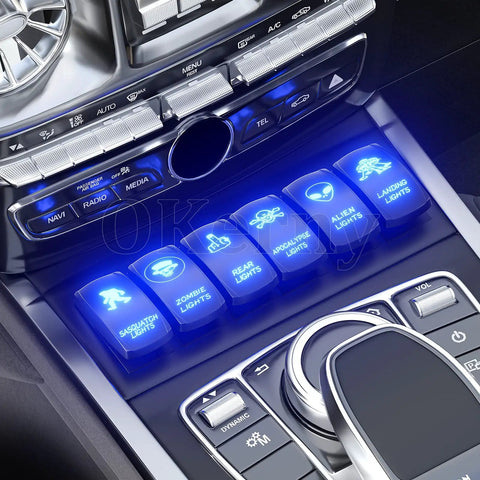 Car dashboard with illuminated 6 Pack DIY Rocker Switch Kit With Laser Etched ON OFF Patterns SPST DPDT 5 Pin 7 Pin 12V 24V