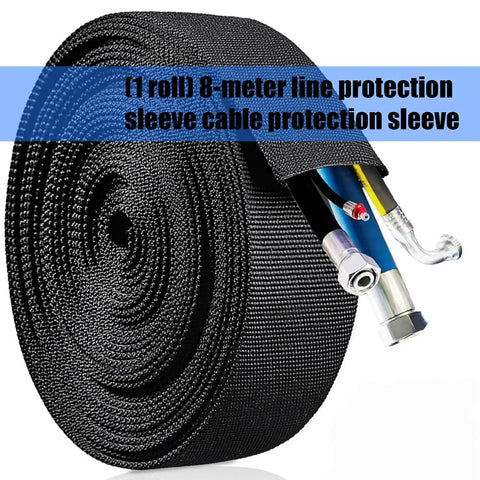 Heavy Duty Nylon Cable Protector Sleeve For Wire Harnesses, 8-meter roll of flexible braided cord cover in black.