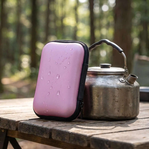 Dope Pink Eva Electronics Organizer Case For Ccd Camera Travel Purse on wooden table with droplets and kettle.