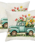 Truck Floral Pillow Covers Set Of 2 In Aqua Blue Velvet For Couch Or Bed, Vintage Pickup Flower Cushions, Farmhouse Decor 18x18 Inches