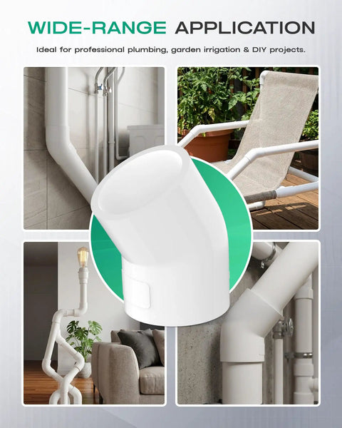 Four Pack 1-1/2 Inch 45 Degree PVC Elbow Fittings Furniture Grade SCH40 PVC Connectors 2-Way Socket Corner Joints For DIY Shelves Garden Frames Greenhouses White in plumbing and garden use.