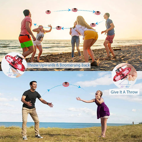 People playing with Mini UFO Drone Spinner With Hand Control Dope Boomerang Flying Fidget Toy 360 Degree Sensor Hover on beach
