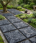Two Pack Antique Lotus Concrete Paver Molds for DIY Garden Path Stepping Stones installed in garden path
