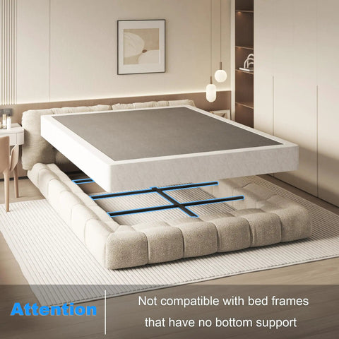 Heavy Duty King Size Box Spring And Mattress Base With Low 7 Inch Profile Solid Metal Frame showing steel support design beneath mattress.