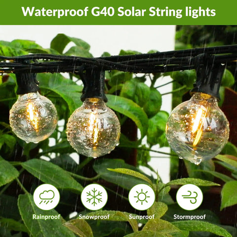 Close-up of 100Ft Solar String Lights With 52 LED Globe Bulbs, Warm 2700K Glow, shatterproof bulbs in outdoor greenery setting.
