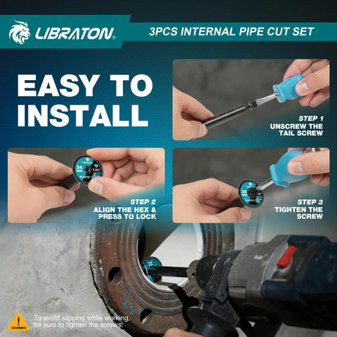 Libraton 3-piece internal PVC pipe cutter set with blue-handled cutter and diamond grit wheel