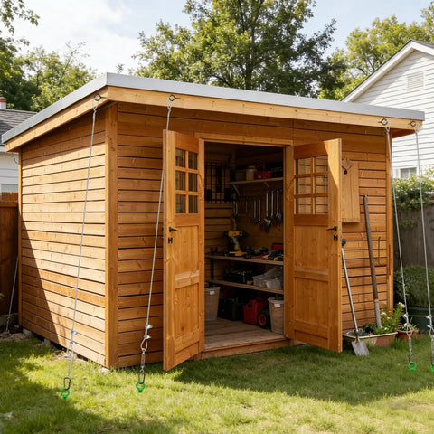 Wooden shed secured with Four Pack Thirty Inch Triple Helix Ground Anchors Kit With Fifty Foot Three Sixteenth Inch Galvanized Cable.