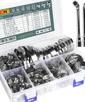 Front view of SMLCON 85Pcs 304 stainless steel hose clamp kit in a clear plastic case with two socket wrenches.