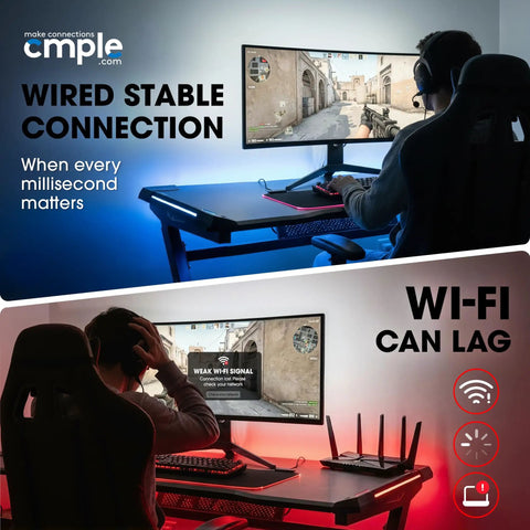 Comparison of wired and wireless connections for online gaming, highlighting the stability and reduced lag of wired setups.