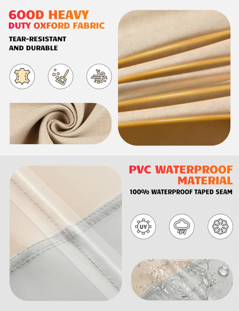 Close-up of 600D Oxford fabric with PVC waterproof layer showing features of Round Fire Pit Cover Waterproof Built Tough All Weather Outdoor Heavy Duty Gas Fire Pit Table Cover With Air Vent And Handle 600D Oxford Fabric Protects From Sun Rain Snow Dust.