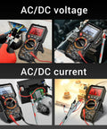 Magnetic 20000 Count TRMS Digital Multimeter with Auto Ranging Measures in AC/DC voltage and current situations, shown in use.