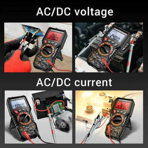 Magnetic 20000 Count TRMS Digital Multimeter with Auto Ranging Measures in AC/DC voltage and current situations, shown in use.