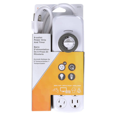 Woods Indoor Eight Outlet Power Strip Timer with Built In Mechanical Timer Programmable Outlet Strip Grounded Outlets Daily