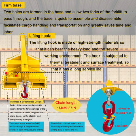 Heavy Duty Workhorse Forklift Jib Boom Hoist 6600 Lb Telescopic Mobile Crane Attachment showing firm base, lifting hook, and chain length.