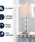 Clear Crystal 20 Inch Mini LED Table Lamp In Chrome Finish With White Linen Drum Shade next to UL and feature icons