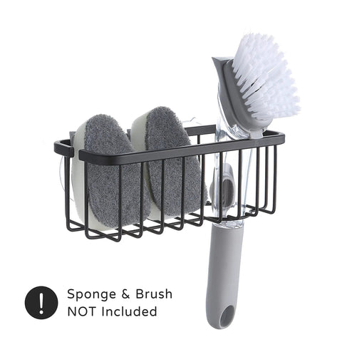 NeverRust Deluxe Kitchen And Bathroom Sink Sponge Holder Organizer With Adhesive Mount And Extra Suction Cup For Smooth Surfaces Slick Matte Black 7.4 By 3.3 By 2.75 Inches Sponge And Brush Not Included