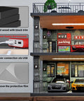 1 24 Scale Diecast Model Car Display Case Cabinet with USB lights and acrylic cover, shown with diorama garage design.