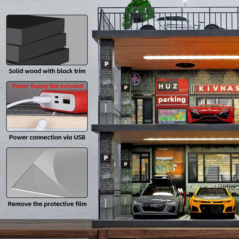 1 24 Scale Diecast Model Car Display Case Cabinet with USB lights and acrylic cover, shown with diorama garage design.