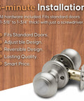 Colonial Passage Interior Door Knob Satin Stainless 1 Pack Heavy Duty Door Knob With Easy Install And Reversible Design For Bedroom Bathroom And Closets ANSI Grade 3 Certified No Locking Hallway Door Knob, shown with installation details and features.