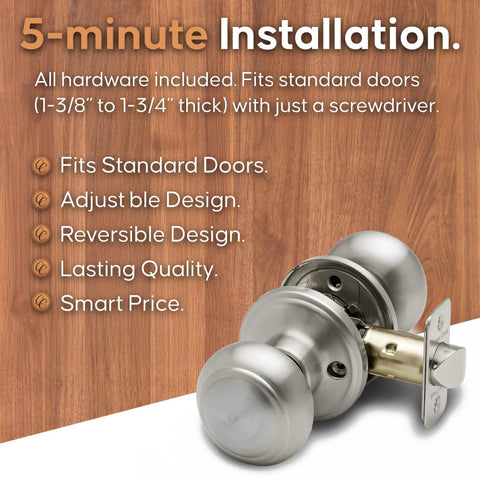 Colonial Passage Interior Door Knob Satin Stainless 1 Pack Heavy Duty Door Knob With Easy Install And Reversible Design For Bedroom Bathroom And Closets ANSI Grade 3 Certified No Locking Hallway Door Knob, shown with installation details and features.